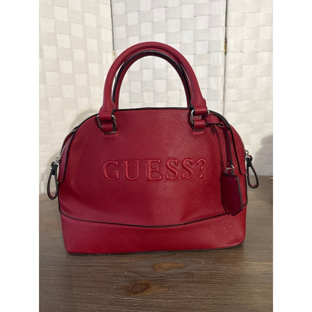 GUESS Red Saffiano Dome Satchel Handbag Embossed Logo Y2K Purse